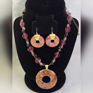 CHICO'S Purple and Gold Beaded Medallion Necklace and Earrings Set / Pierced